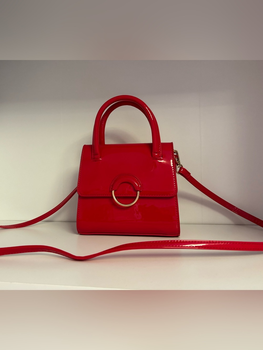 Patent Red Mini Top-Handle Bag with Gold Ring Accent